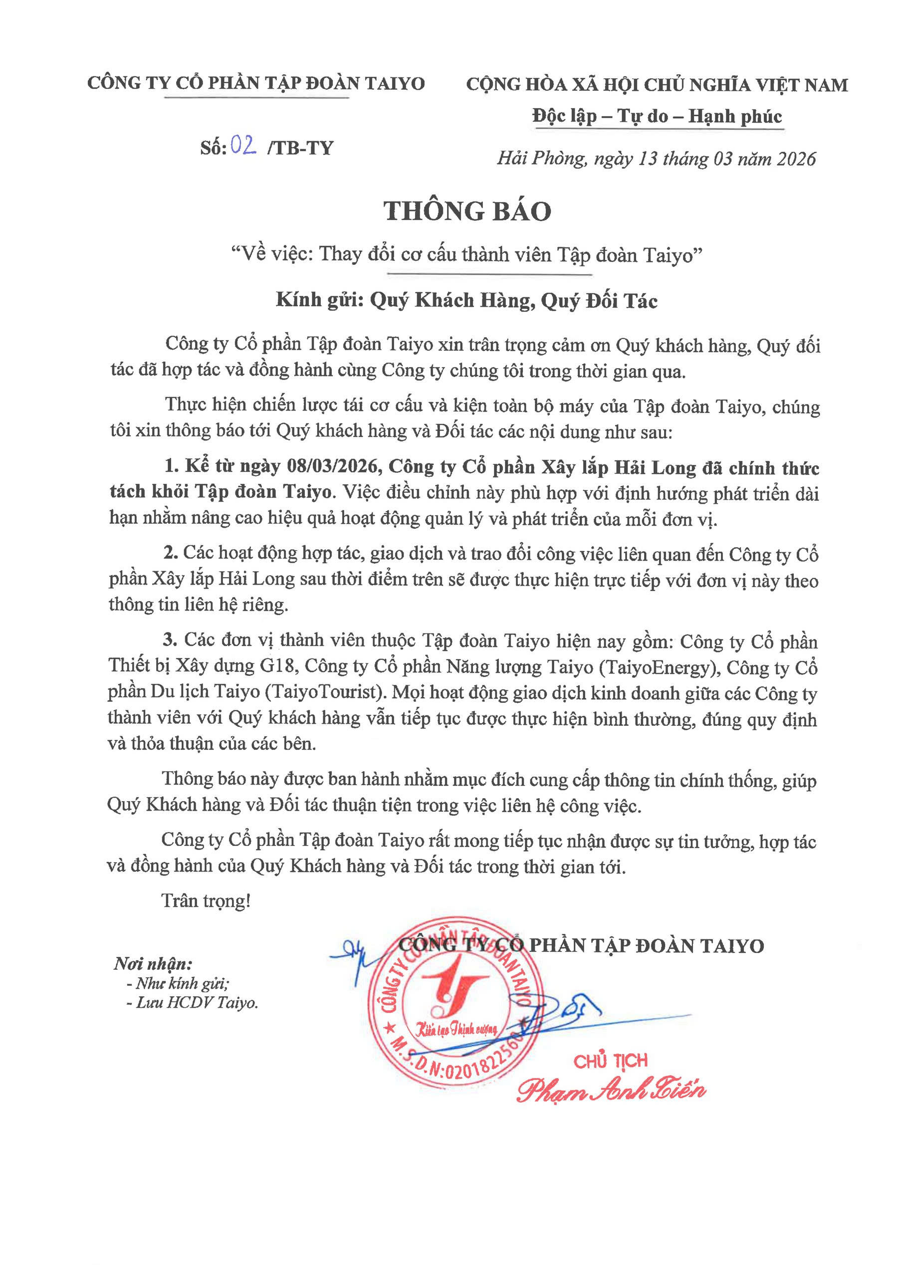 Quyết định tái cấu trúc tập đoàn Taiyo